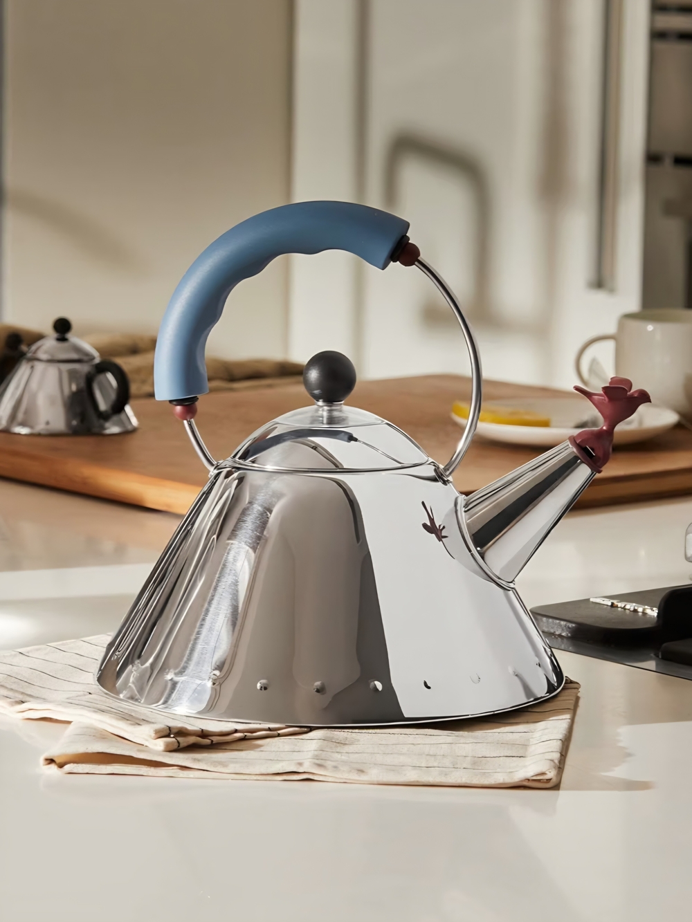 Alessi Stainless Steel Whistling Kettle #9093 with Blue Handle/ Red Bird